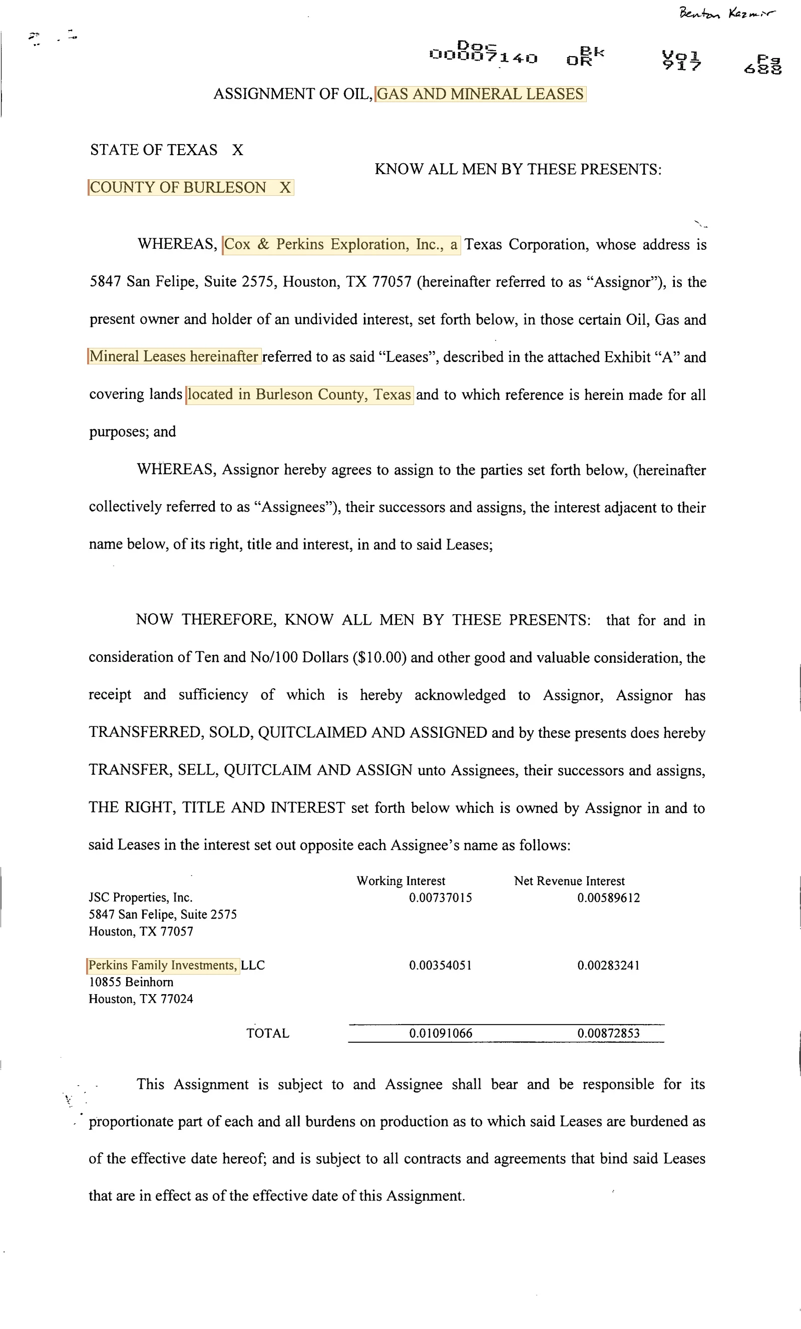 Cox & Perkins Exploration Inc. - Recorded Asg/Og&Mineral Lease (Vol. 917, Page 688)
