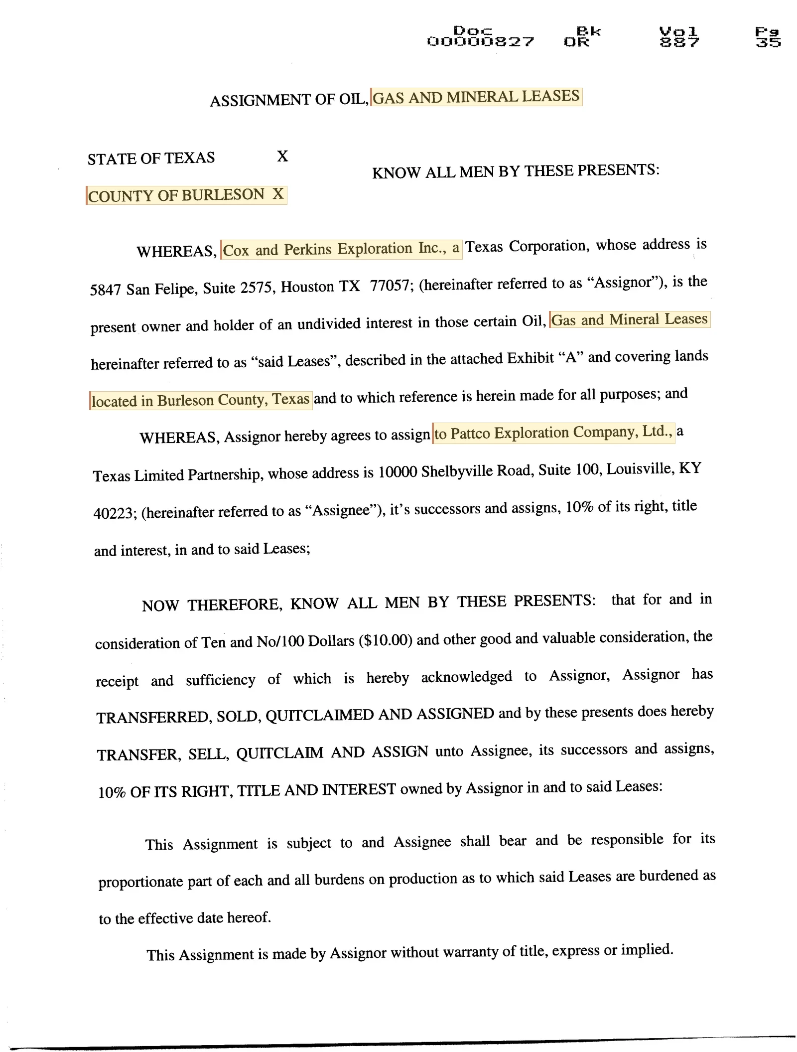 Cox & Perkins Exploration Inc. - Recorded Asg/Og&Mineral Lease (Vol. 887, Page 35)