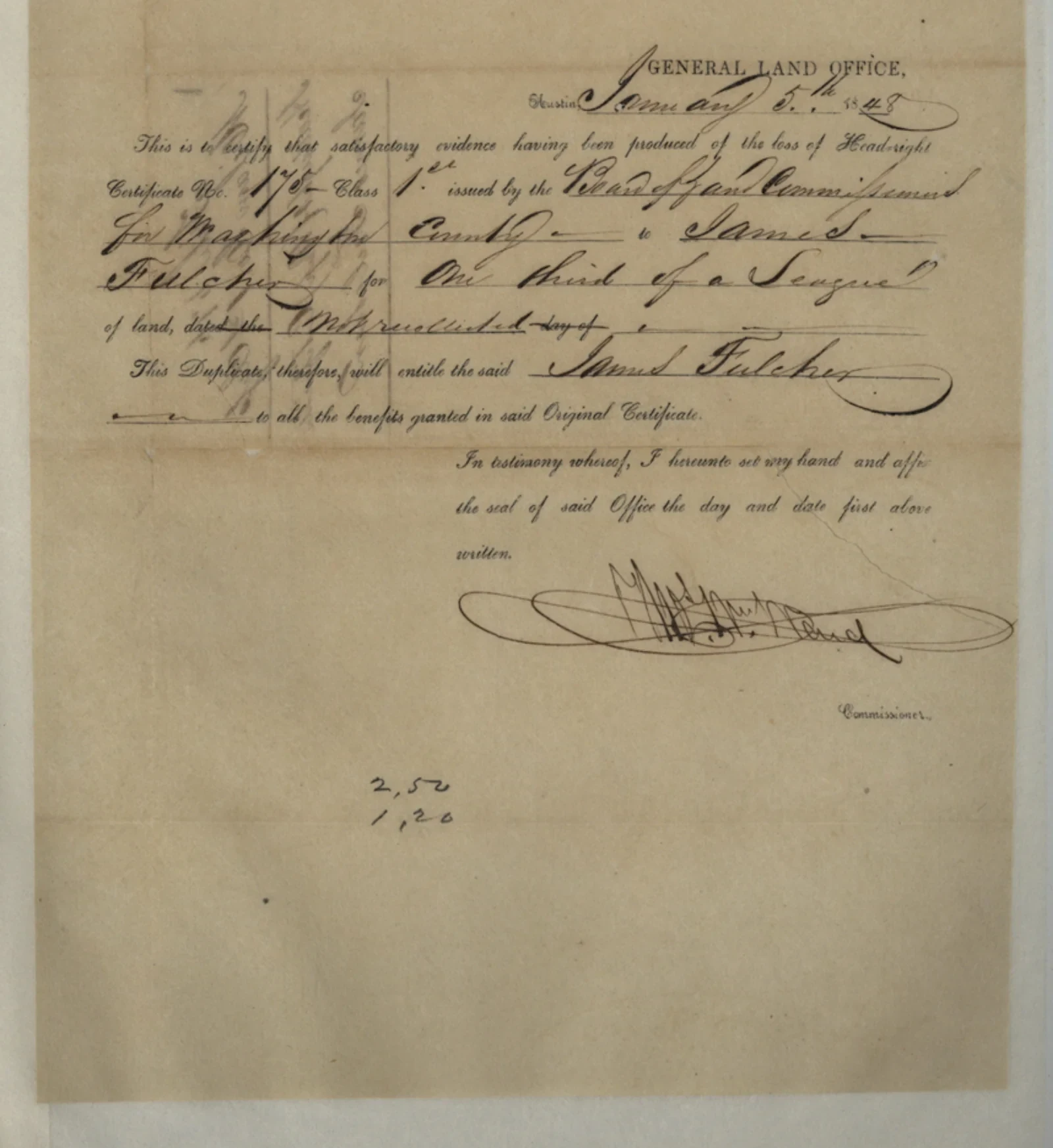 Fulcher, James Original Cursive Land Grant & Field Notes (Burleson County, Abstract A-117)